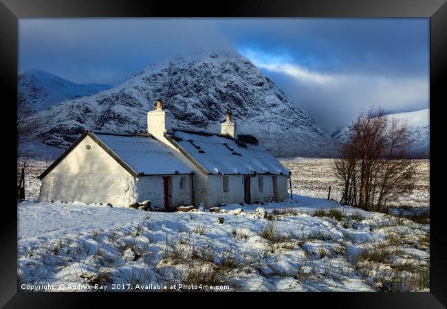 Black Rock Cottage in the Snow Framed Print by Andrew Ray