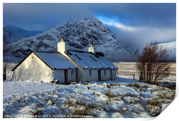 Black Rock Cottage in the Snow Print by Andrew Ray