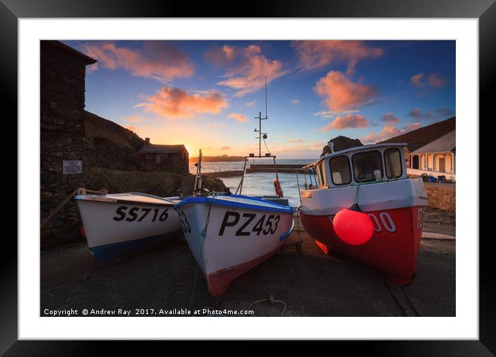 Boats at Sunset (Mullion Cove)  Framed Mounted Print by Andrew Ray