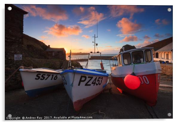 Boats at Sunset (Mullion Cove)  Acrylic by Andrew Ray