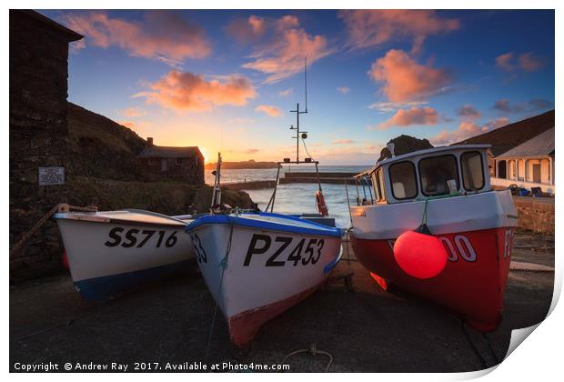 Boats at Sunset (Mullion Cove)  Print by Andrew Ray