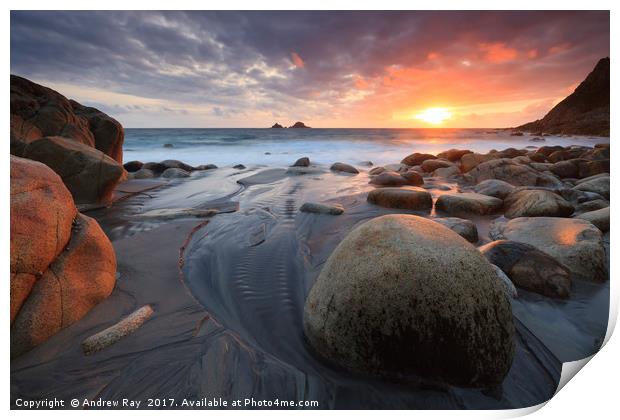 Rocks on Porth Nanven Beach Print by Andrew Ray