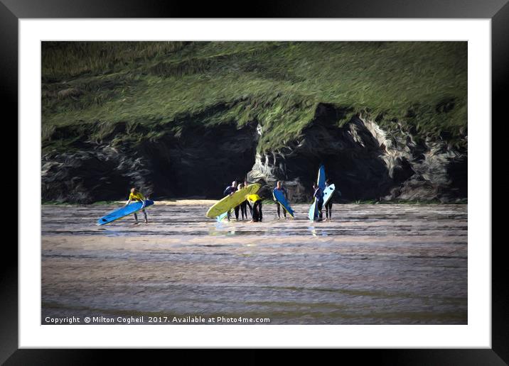 Surfers On Mawgan Porth Beach 2 Framed Mounted Print by Milton Cogheil