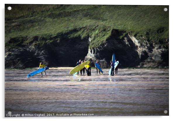 Surfers On Mawgan Porth Beach 2 Acrylic by Milton Cogheil