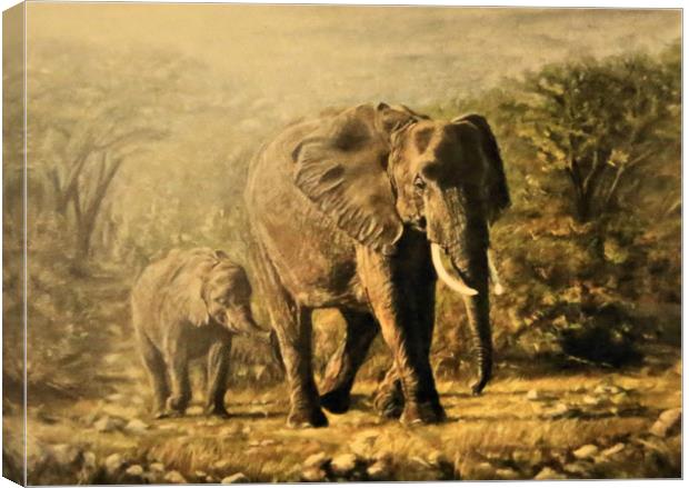 Elephant and young, painting Canvas Print by Linda Lyon