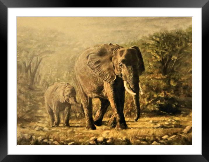 Elephant and young, painting Framed Mounted Print by Linda Lyon