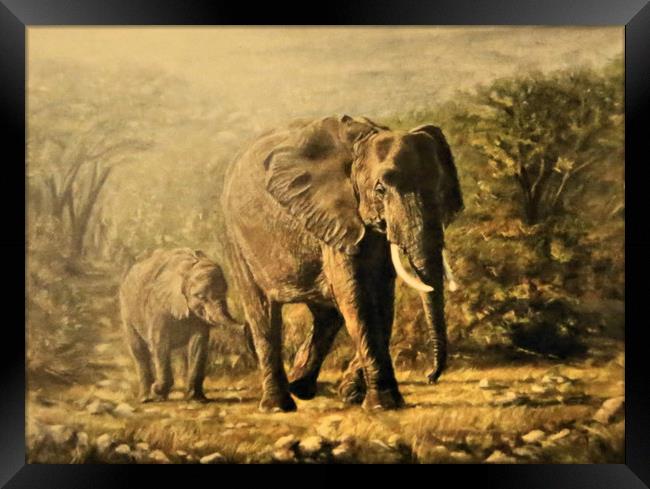 Elephant and young, painting Framed Print by Linda Lyon