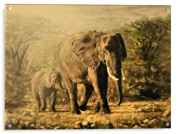 Elephant and young, painting Acrylic by Linda Lyon