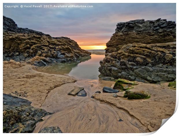 Sunset at Gwithian Beach, Cornwall Print by Hazel Powell