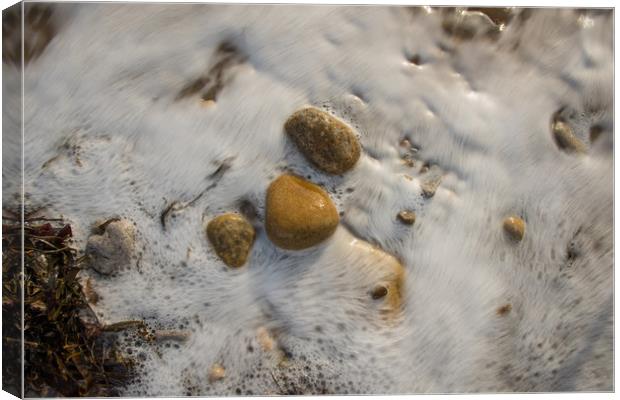 Pebbles being washed over by the incoming tide. Canvas Print by Bryn Morgan