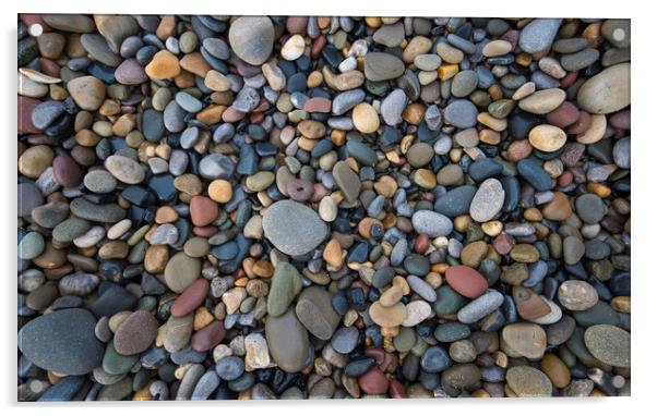 Pebbles of many shapes, colours and sizes. Acrylic by Bryn Morgan