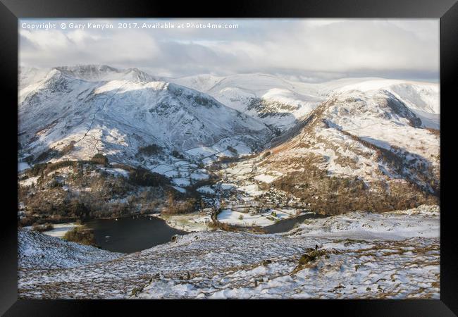 Snowy view from up Place Fell In The Lake District Framed Print by Gary Kenyon