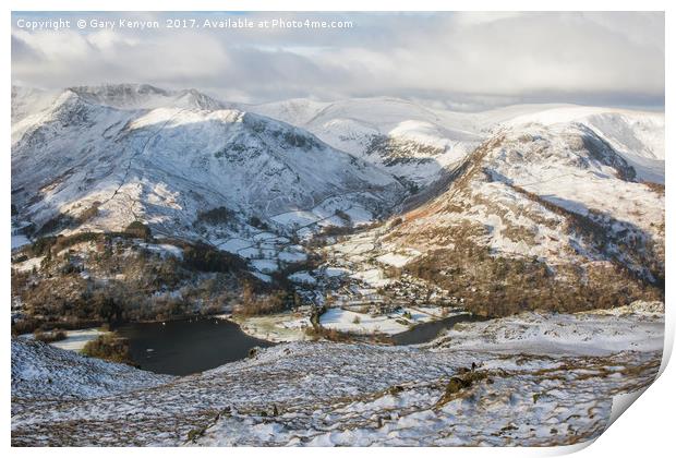 Snowy view from up Place Fell In The Lake District Print by Gary Kenyon