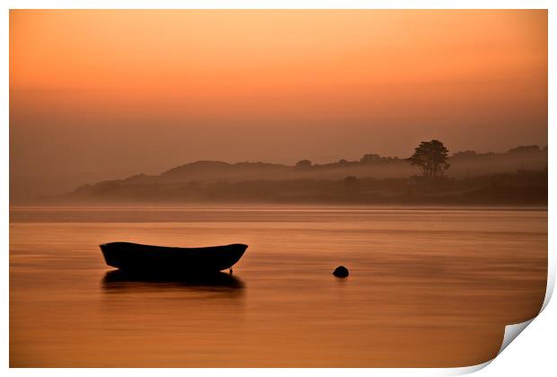 Rowing boat at rest on the river at sunrise Print by Lindsay Philp