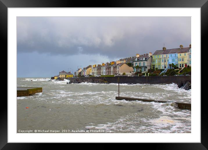 Winter storm batters a narrow harbour entrance Framed Mounted Print by Michael Harper