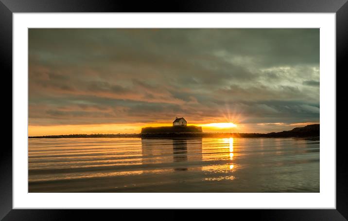 Sunset over St Cywfan's Church in the Sea. Framed Mounted Print by Colin Allen