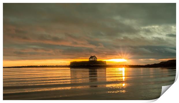 Sunset over St Cywfan's Church in the Sea. Print by Colin Allen