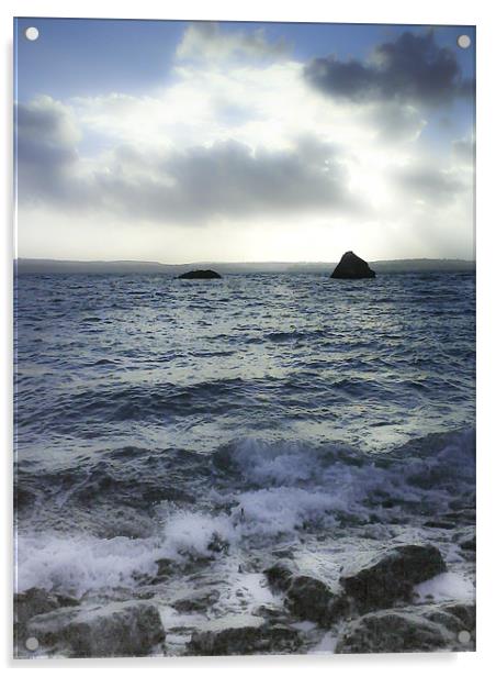 Meadfoot Beach, Torquay, Devon, Rocks in Winter Acrylic by K. Appleseed.