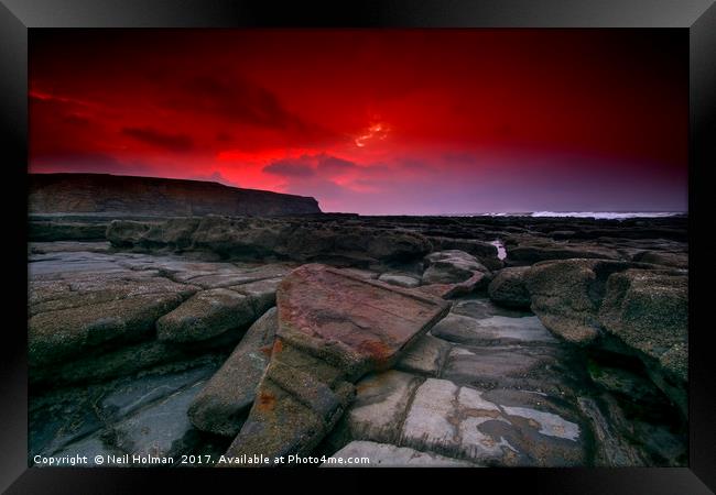 Red sky over Nash Point Framed Print by Neil Holman