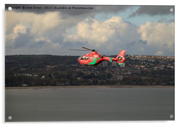 Wales Air Ambulance over Swansea Bay Acrylic by Jane Emery