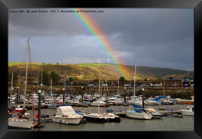 Rainbows over Burry Port Habour Framed Print by Jane Emery
