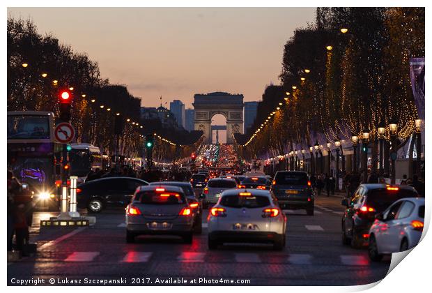 Traffic jam on Champs Elysees, Arc de Triomphe Print by Łukasz Szczepański