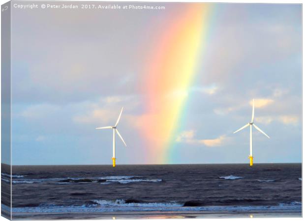 Two turbines from an Offshore Wind Farm with a rai Canvas Print by Peter Jordan
