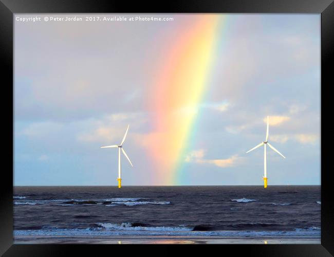 Two turbines from an Offshore Wind Farm with a rai Framed Print by Peter Jordan