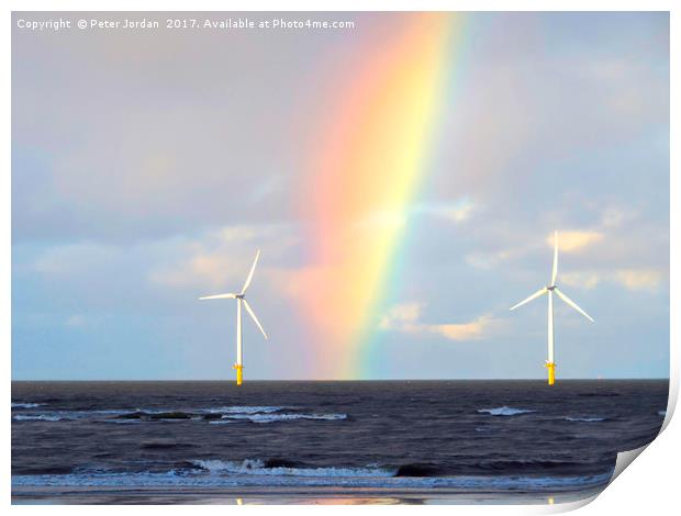 Two turbines from an Offshore Wind Farm with a rai Print by Peter Jordan