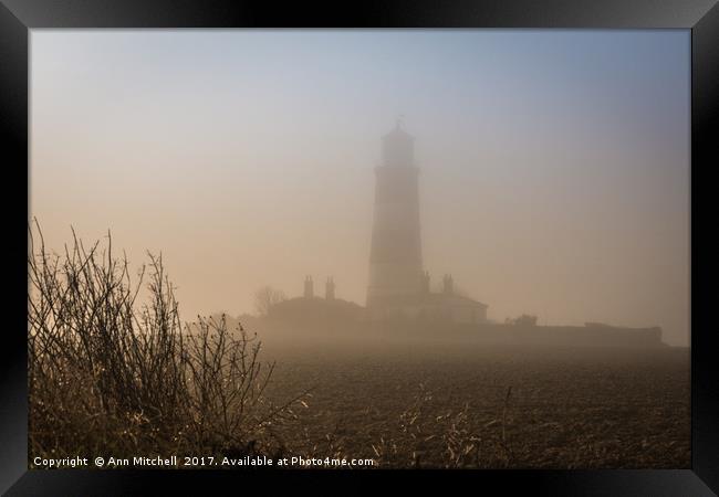 Happisburgh Lighthouse in the Mist Framed Print by Ann Mitchell