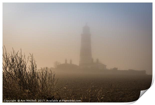 Happisburgh Lighthouse in the Mist Print by Ann Mitchell