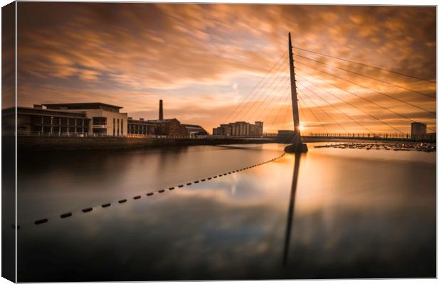 Swansea marina at sunrise with view of the Sail br Canvas Print by Bryn Morgan