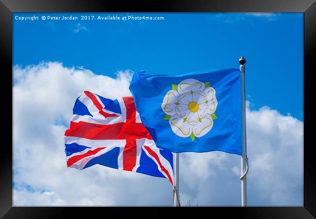 The United Kingdom and  Yorkshire Flags  flying si Framed Print by Peter Jordan