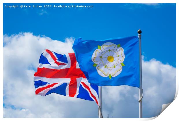 The United Kingdom and  Yorkshire Flags  flying si Print by Peter Jordan