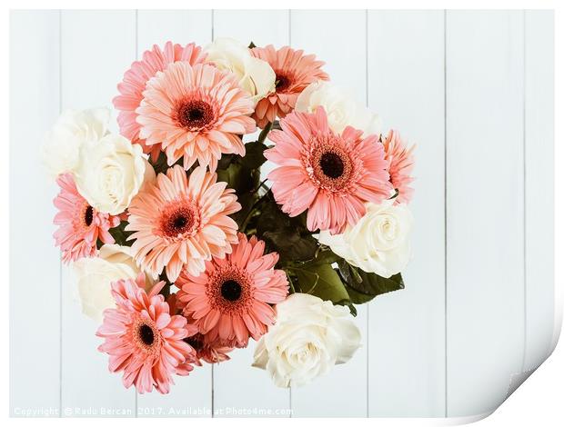 Pink Gerbera Daisy Flowers And White Roses Bouquet Print by Radu Bercan