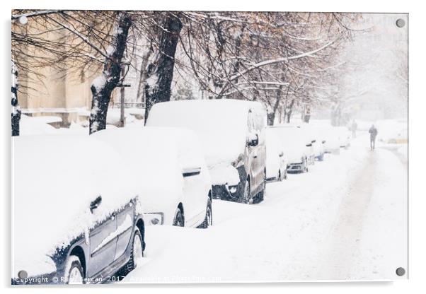 Cars Covered With Fresh White Snow After A Heavy B Acrylic by Radu Bercan