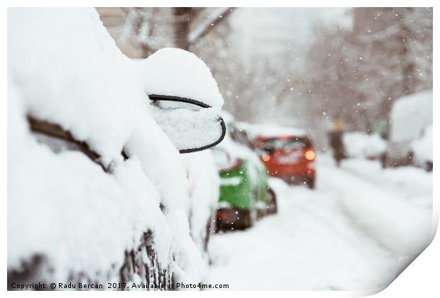 Cars Covered With Fresh White Snow After A Heavy B Print by Radu Bercan