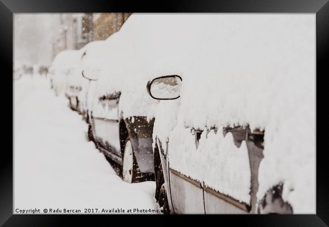 Cars Covered With Fresh White Snow After A Heavy B Framed Print by Radu Bercan