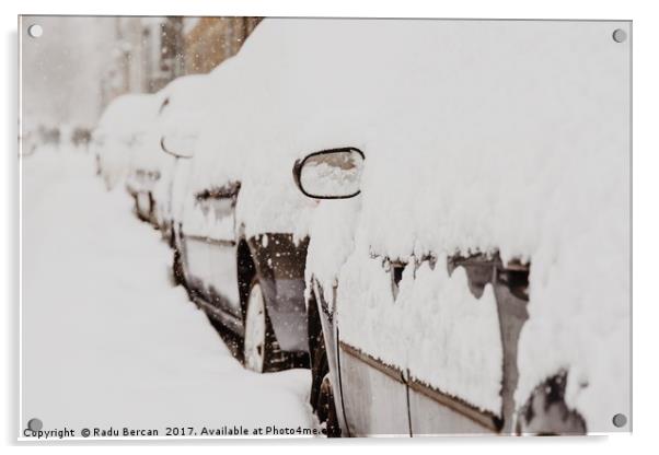 Cars Covered With Fresh White Snow After A Heavy B Acrylic by Radu Bercan