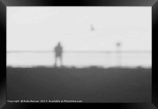 Man On A Bridge With Flying Bird Abstract Shadow O Framed Print by Radu Bercan