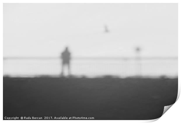 Man On A Bridge With Flying Bird Abstract Shadow O Print by Radu Bercan
