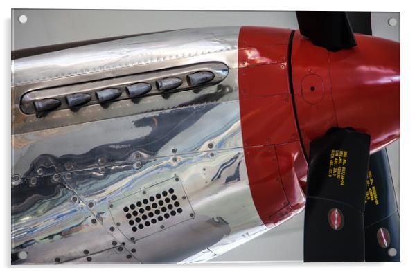 Closeup P51 mustang engine cowling red spinner Acrylic by Ashley Redding