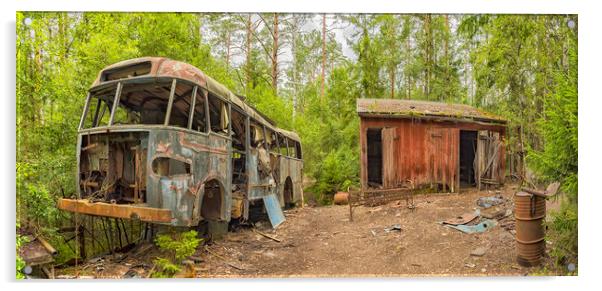 Wrecked Bus in Car Graveyard Acrylic by Antony McAulay