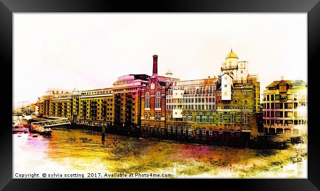 Unique Decorative wall art of Butlers Wharf in Lon Framed Print by sylvia scotting