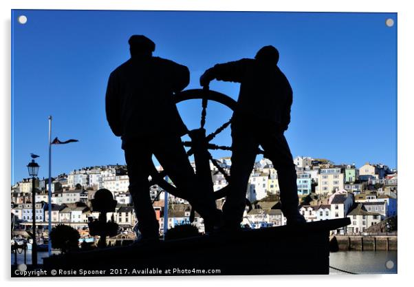 The Man and Boy Statue at Brixham Harbour Acrylic by Rosie Spooner