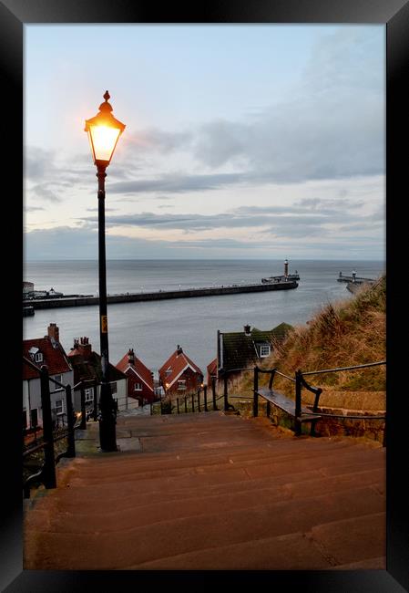Whitby Steps Blue Hour Framed Print by Sarah Couzens