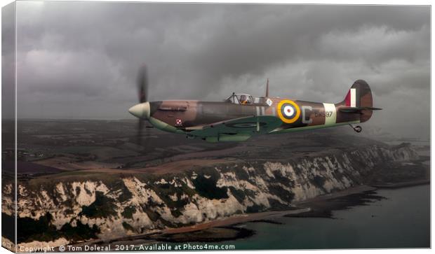 Spitfire over the White Cliffs Canvas Print by Tom Dolezal