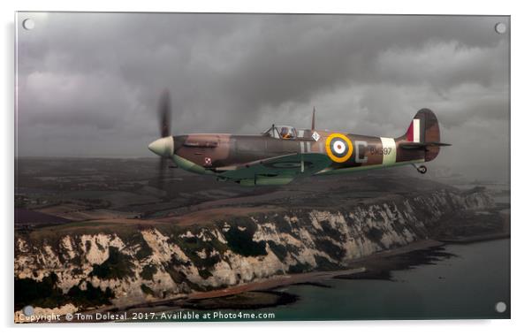 Spitfire over the White Cliffs Acrylic by Tom Dolezal
