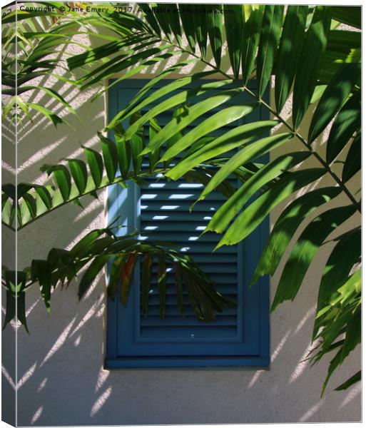 Blue Shutters in the Sun Canvas Print by Jane Emery