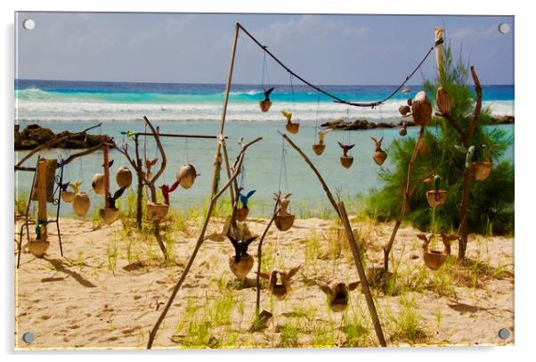 Beach Art with Coconut Shells - Barbados Acrylic by Jane Emery